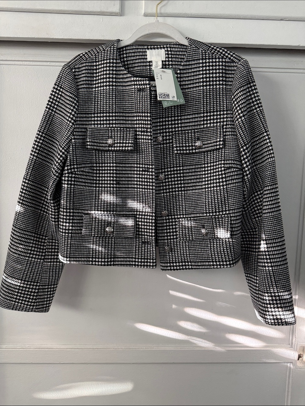 H&M Black and White Plaid Cropped Blazer
